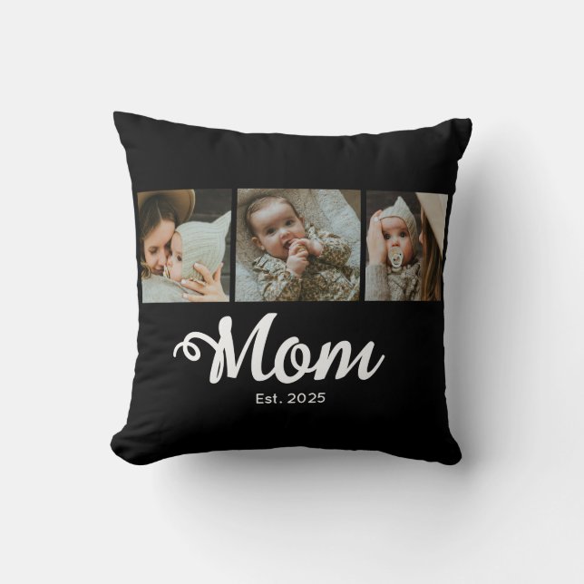 Mom Established Modern Bold Script Black 3 Photo Throw Pillow (Front)