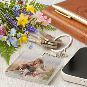 Mom Established Modern Elegant Script Photo  Keychain