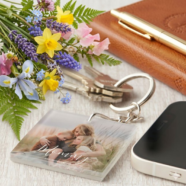 Mom Established Modern Elegant Script Photo  Keychain (Creator Uploaded)