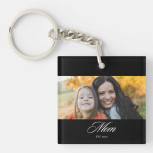 Mom Established Modern Elegant Script Photo Keychain