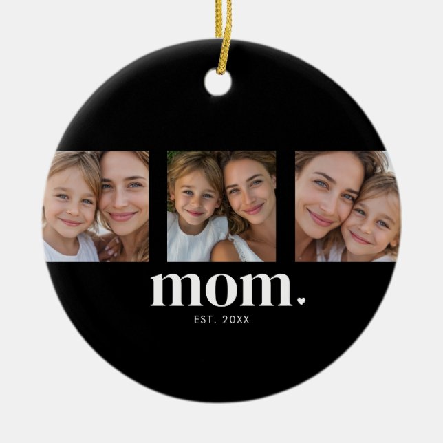 Mom Established Modern Minimal Black 3 Photo Ceramic Ornament (Front)