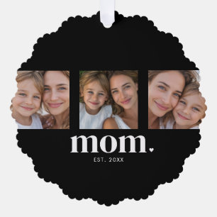 Mom Established Modern Minimal Black 3 Photo Ornament Card