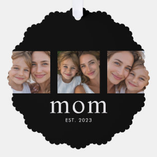 Mom Established Modern Minimal Black 3 Photo Ornament Card