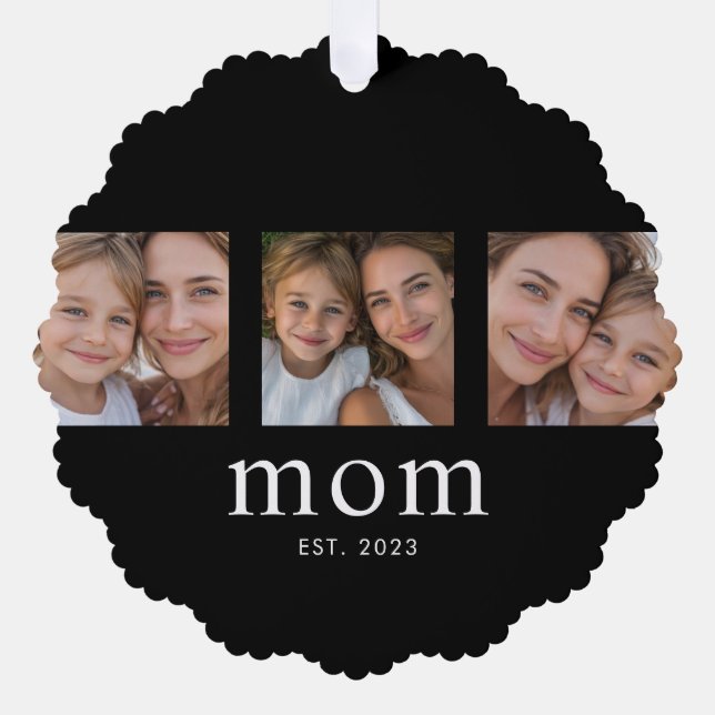 Mom Established Modern Minimal Black 3 Photo Ornament Card (Front)