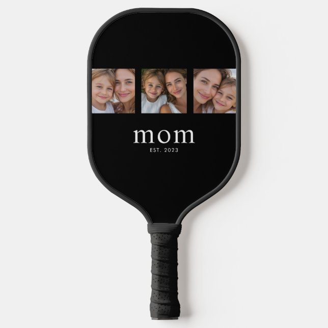 Mom Established Modern Minimal Black 3 Photo Pickleball Paddle (Front)
