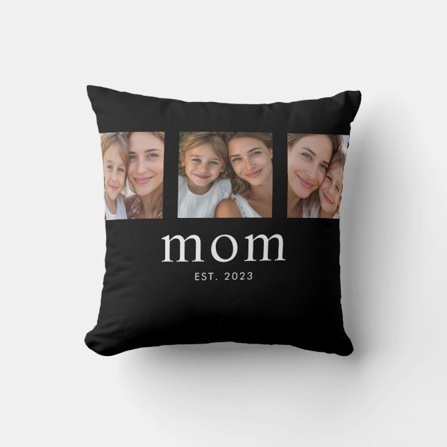 Mom Established Modern Minimal Black 3 Photo Throw Pillow (Front)