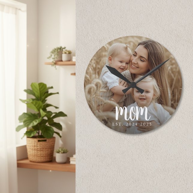 Mom Established Modern Minimal Script Photo Round Clock (modern minimal white script mom established dates with custom photo wall clock for mother's day gift)