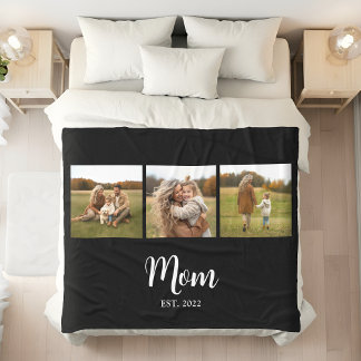 Mom Established Modern Script 3 Photo Black Fleece Blanket