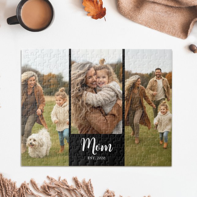 Mom Established Modern Script 3 Photo Black Jigsaw Puzzle (Mom established script text with 3 of your favorite photos)
