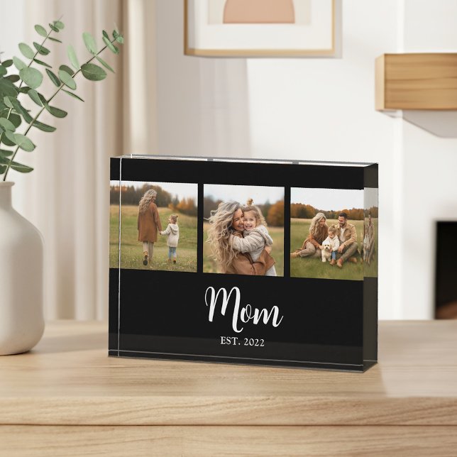 Mom Established Modern Script Black 3 Photo Block (Mom Est. with 3 personalizable photos and text )