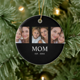 Mom Established Modern Script Black 3 Photo Ceramic Ornament