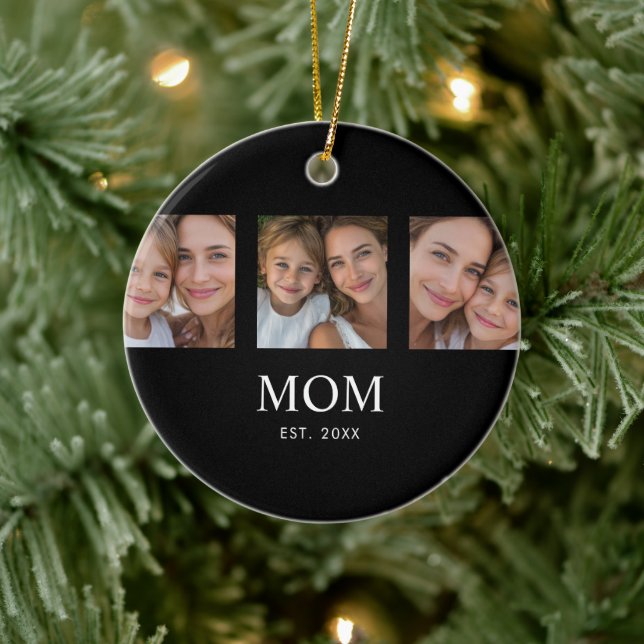 Mom Established Modern Script Black 3 Photo Ceramic Ornament (Tree)