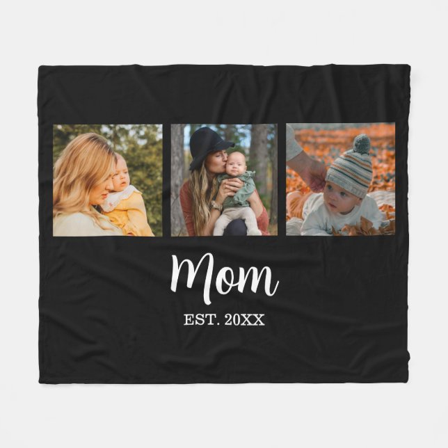 Mom Established Modern Script Black 3 Photo Fleece Blanket (Front (Horizontal))