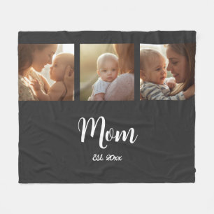 Mom Established Modern Script Black 3 Photo Fleece Blanket