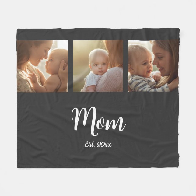 Mom Established Modern Script Black 3 Photo Fleece Blanket (Front (Horizontal))