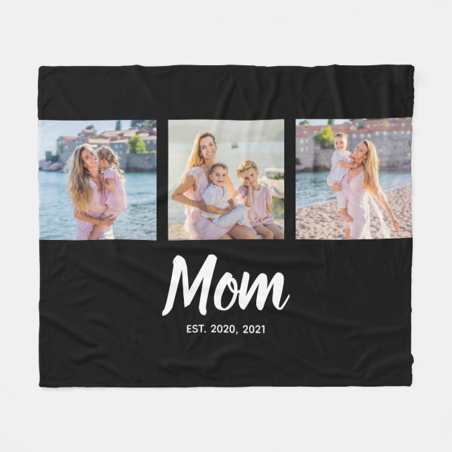 Mom Established Modern Script Black 3 Photo Fleece Blanket (Front (Horizontal))