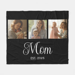 Mom Established Modern Script Black 3 Photo Fleece Blanket