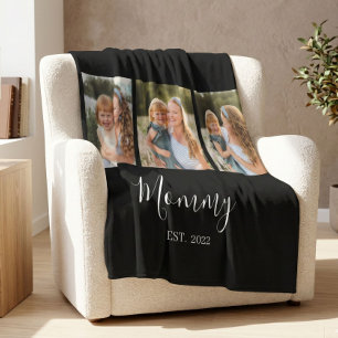 Mom Established Modern Script Black 3 Photo Fleece Blanket