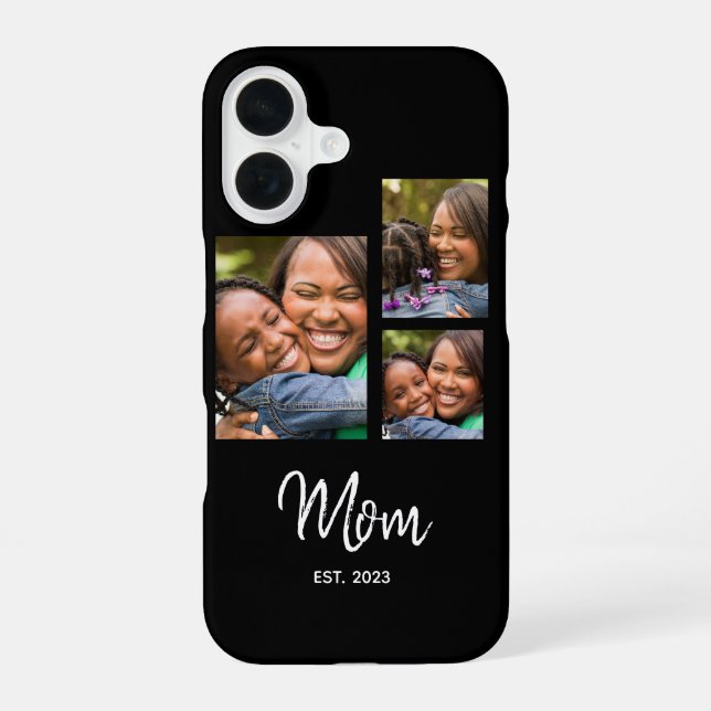 Mom Established Modern Script Black 3 Photo iPhone 16 Case (Back)