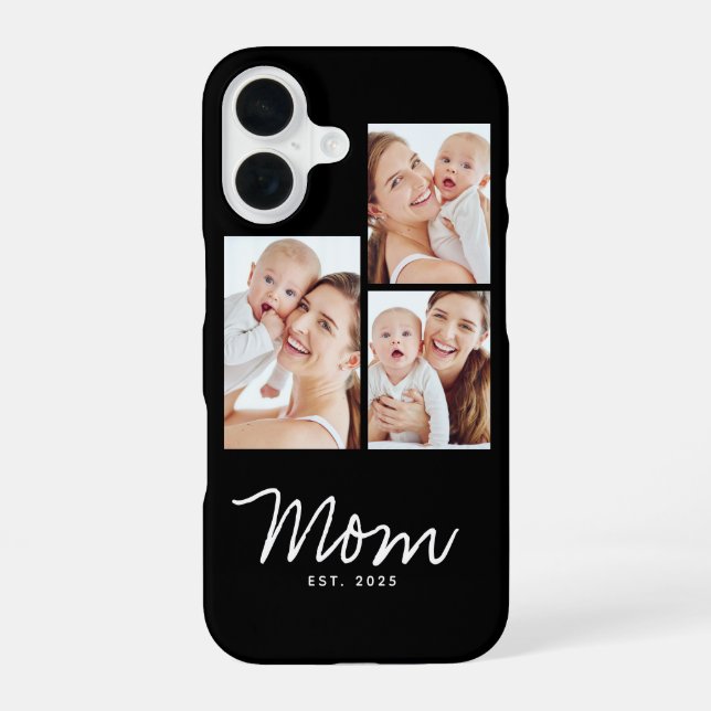 Mom Established Modern Script Black 3 Photo iPhone 16 Case (Back)