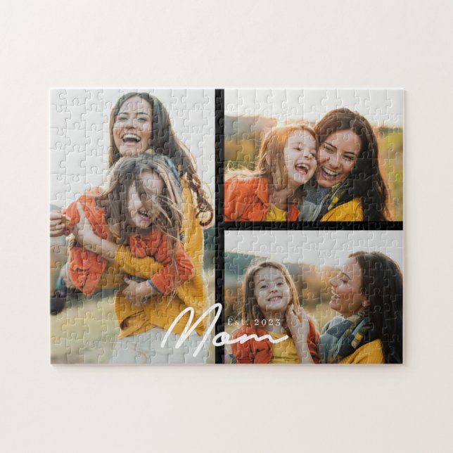 Mom Established Modern Script Black 3 Photo Jigsaw Puzzle (Horizontal)