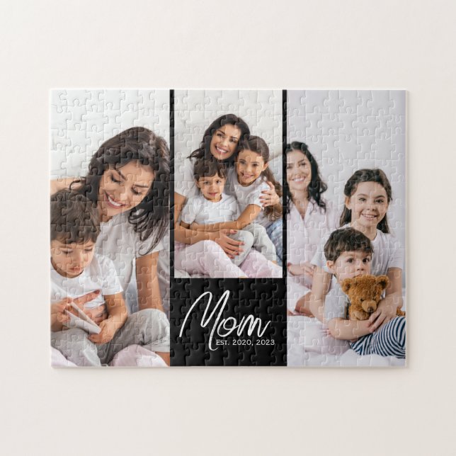 Mom Established Modern Script Black 3 Photo Jigsaw Puzzle (Horizontal)