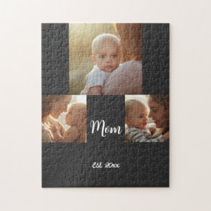 Mom Established Modern Script Black 3 Photo Jigsaw Puzzle
