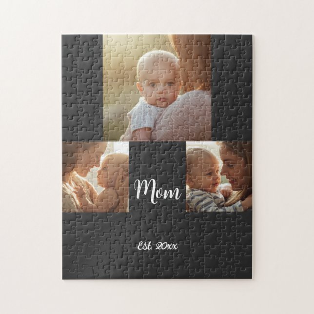 Mom Established Modern Script Black 3 Photo Jigsaw Puzzle (Vertical)