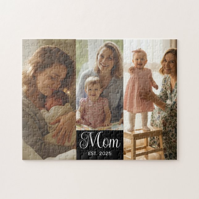 Mom Established Modern Script Black 3 Photo Jigsaw Puzzle (Horizontal)