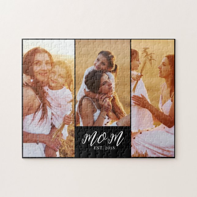 Mom Established Modern Script Black 3 Photo Jigsaw Puzzle (Horizontal)