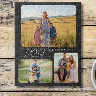 Mom Established Modern Script Black 3 Photo Jigsaw Puzzle