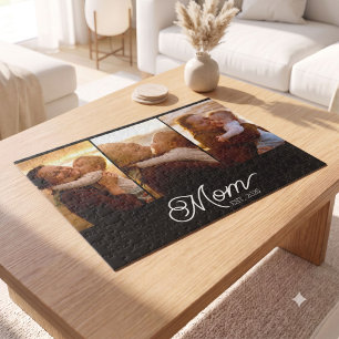 Mom Established Modern Script Black 3 Photo Jigsaw Puzzle