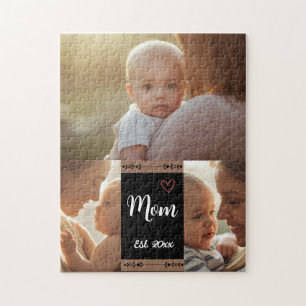Mom Established Modern Script Black 3 Photo Jigsaw Puzzle