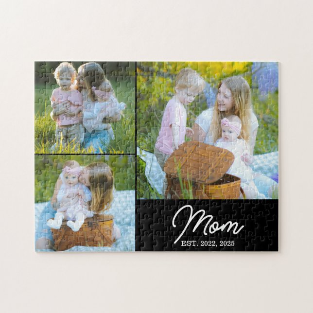 Mom Established Modern Script Black 3 Photo Jigsaw Puzzle (Horizontal)