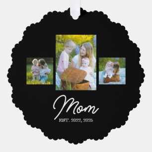 Mom Established Modern Script Black 3 Photo Ornament Card