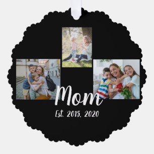 Mom Established Modern Script Black 3 Photo Ornament Card