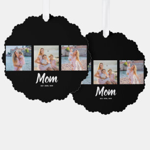 Mom Established Modern Script Black 3 Photo Ornament Card