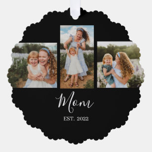 Mom Established Modern Script Black 3 Photo Ornament Card