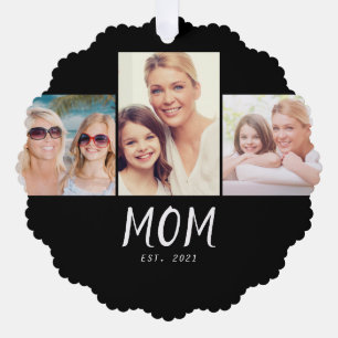 Mom Established Modern Script Black 3 Photo Ornament Card