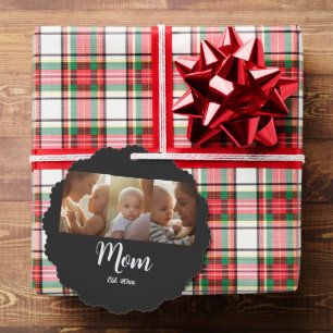 Mom Established Modern Script Black 3 Photo Ornament Card