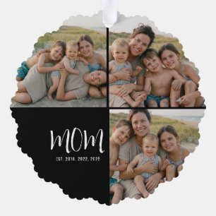 Mom Established Modern Script Black 3 Photo Ornament Card