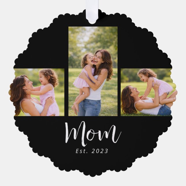 Mom Established Modern Script Black 3 Photo Ornament Card (Front)