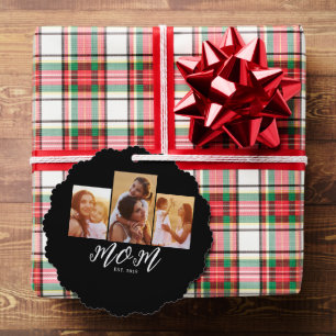 Mom Established Modern Script Black 3 Photo Ornament Card