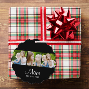 Mom Established Modern Script Black 3 Photo Ornament Card