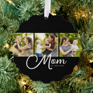 Mom Established Modern Script Black 3 Photo Ornament Card