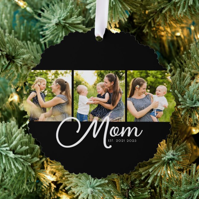 Mom Established Modern Script Black 3 Photo Ornament Card (Insitu (Tree))