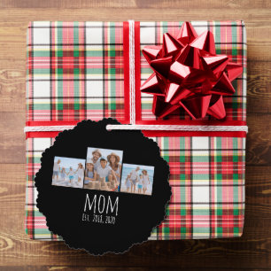 Mom Established Modern Script Black 3 Photo Ornament Card