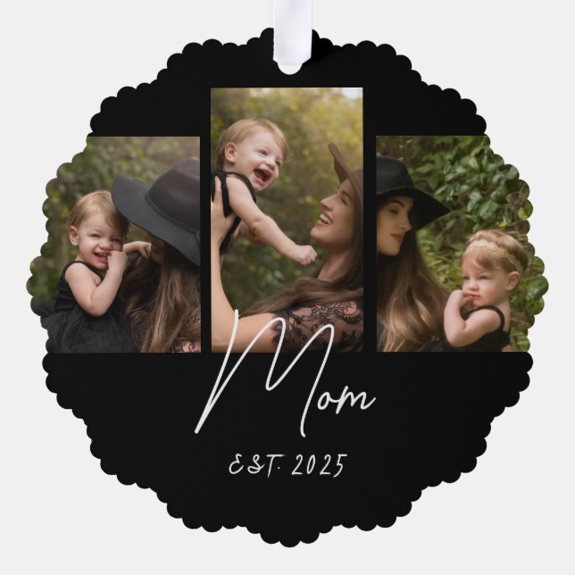 Mom Established Modern Script Black 3 Photo Ornament Card (Back)