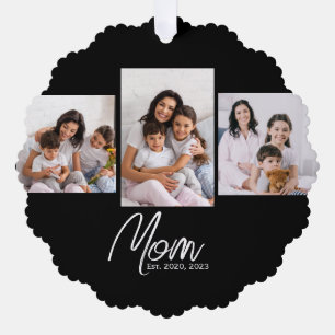 Mom Established Modern Script Black 3 Photo Ornament Card
