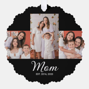 Mom Established Modern Script Black 3 Photo Ornament Card